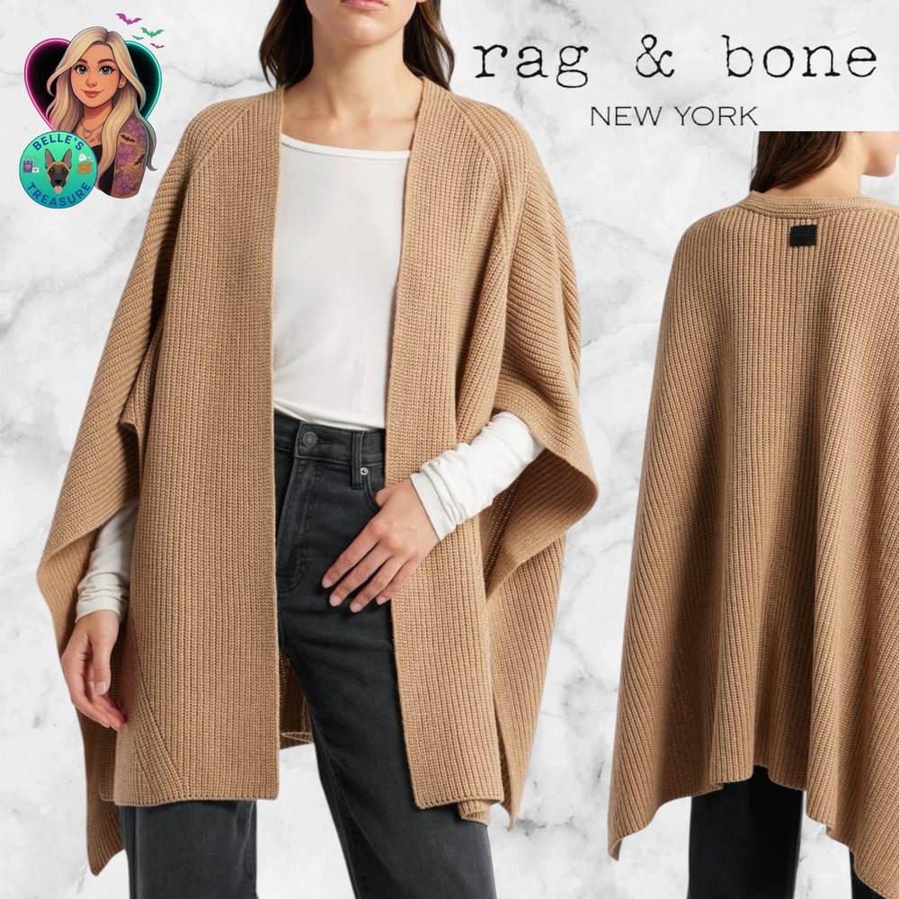 AllSaints Women OS Travelling Ruana Camel Tan Wool Blend Ribbed Open Front Wrap